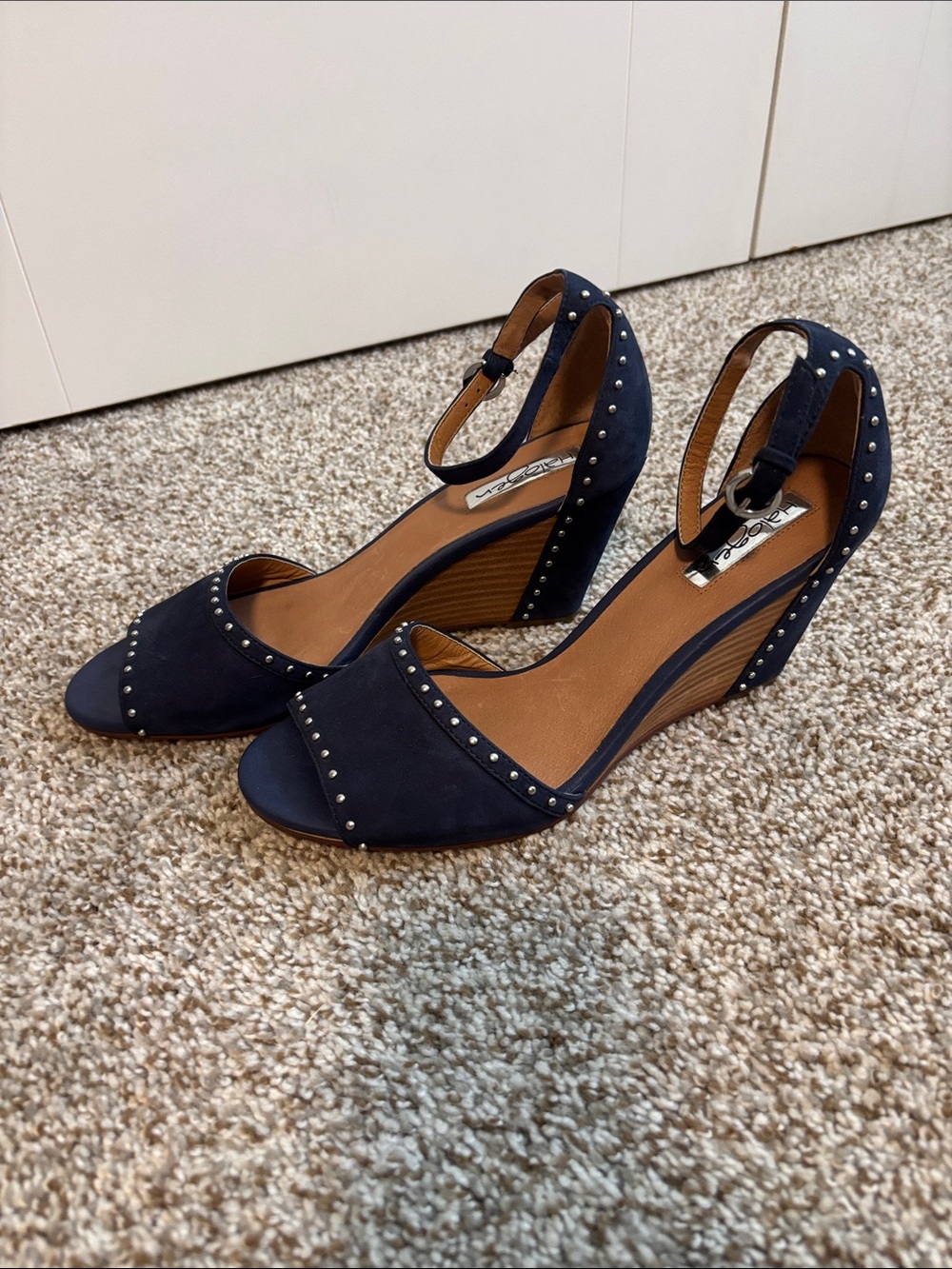 Halogen Studded Navy Suede Wedge Sandals with Ankle Strap